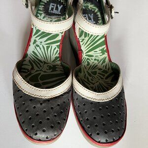 Fly London black white sandals red trim size 38